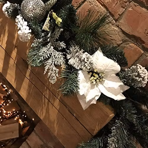 Premier White Poinsettia Christmas Garland with Silver Baubles and Glitter Snow Flocking – 4