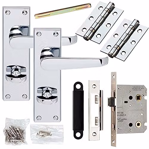 Loops Chrome Victorian Door Handle and Bathroom Lock Pack with Flat Thumb Turn Backplate