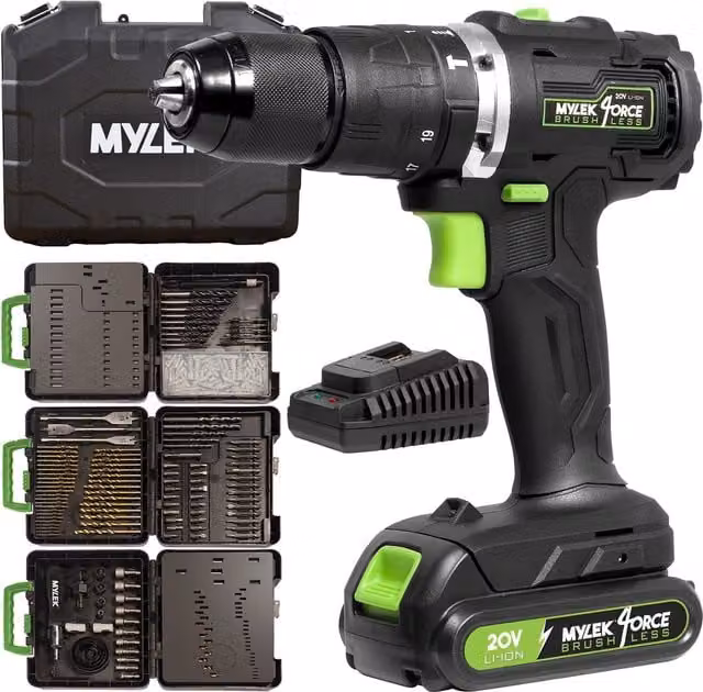 Mylek 20V Brushless Cordless Drill, Impact Driver and Hammer Combi Set in Black with 204 Pieces