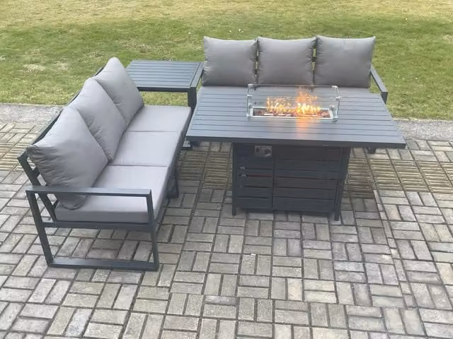 Fimous 6-Seater Aluminium Outdoor Sofa Set with Gas Fire Pit Table in Matt Dark Grey
