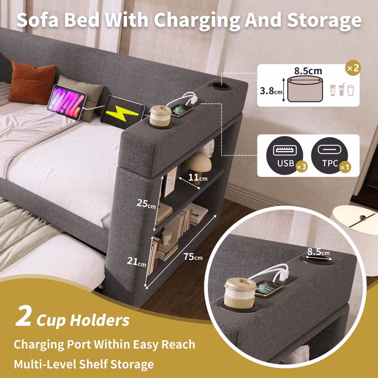 Aosom UK Grey Upholstered Daybed with Pull-out Trundle, Built-in Cup Holders, USB Charging Port and Side Storage, L: 207 cm, W: 98 cm, H: 74 cm – 4