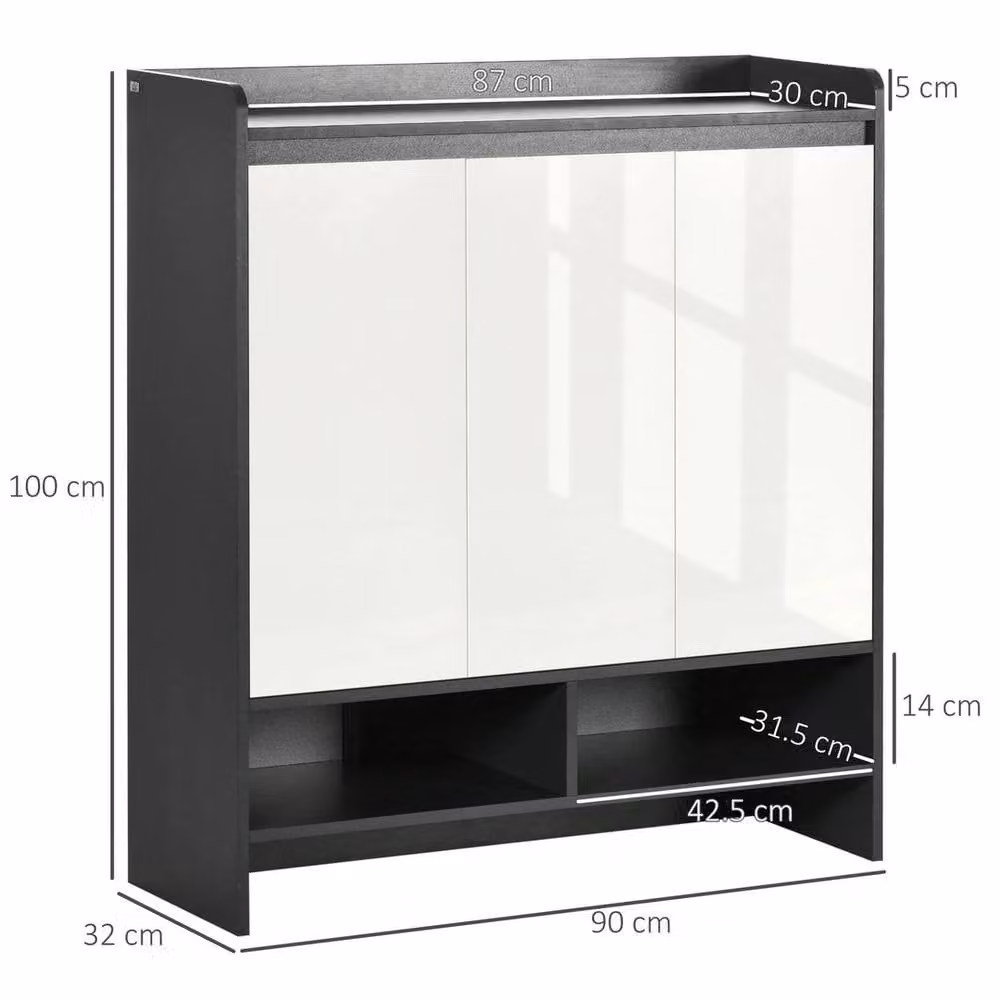 FORGEVIO Modern High Gloss White Wood Storage Cabinet with Hinged Doors and Internal Shelves, H: 100 cm, W: 90 cm, D: 32 cm – 2
