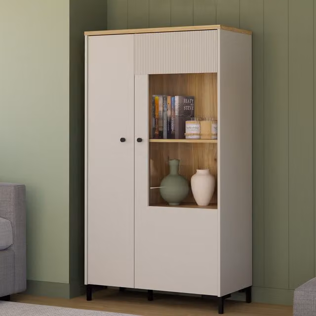 Furniture To Go Bixbite Display Cabinet in Mauvella Oak and Sand with Fluted Detail, Hinged Doors and Open Shelving