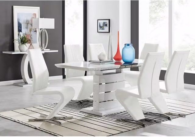 FurnitureboxUK Renato High Gloss Extending Kitchen Dining Table and 6 Willow Chairs in White and Grey
