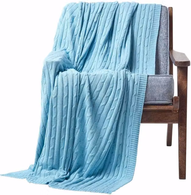 Homescapes Cotton Cable Knit Throw in Blue, 200 cm