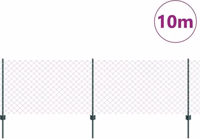 vidaXL Modern Green Steel Chain Link Fence with 10 U-Posts, W: 10 m, H: 0.8 m