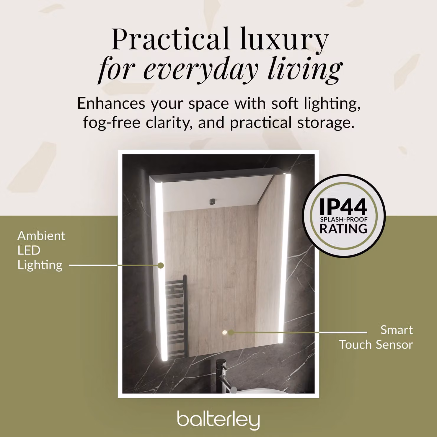 Balterley Rectangular 1 Door Touch Mirror Cabinet with Demister and Integrated Lighting, White and Silver, W: 50 cm, H: 70 cm – 4