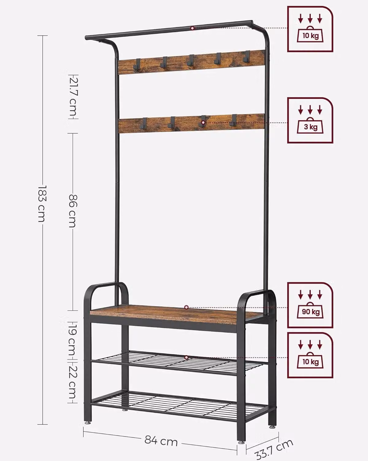 VASAGLE 4-in-1 Industrial Hall Tree with Bench, Coat Rack and Clothes Rail in Brown – 3