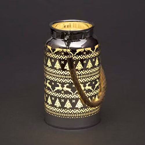 Shatchi Silver Christmas Decorated Jar Table Lamp with Etched Glass and LED Fairy Lights, H 16 cm x W 9 cm x D 9 cm – 1