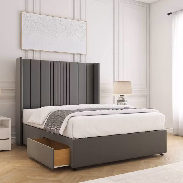 BSSPOKE Charlotte Small Double Divan Bed with 54 inch Plush Headboard and 2 Drawers in Grey