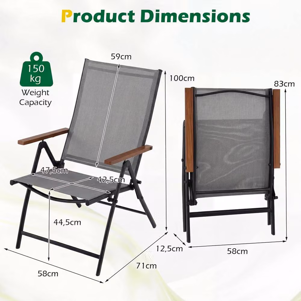 Costway Set of 2 Grey Folding Patio Chairs with 5-Position Backrests and Armrests – 5