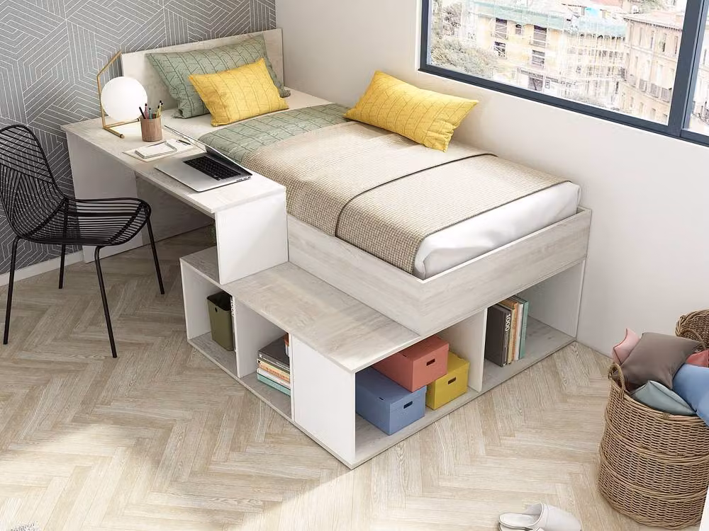 Vente-unique Single Combination Bed with Storage and Desk in White and Light Oak, W/D/H: 200 x 90 x 128.8 cm – 3