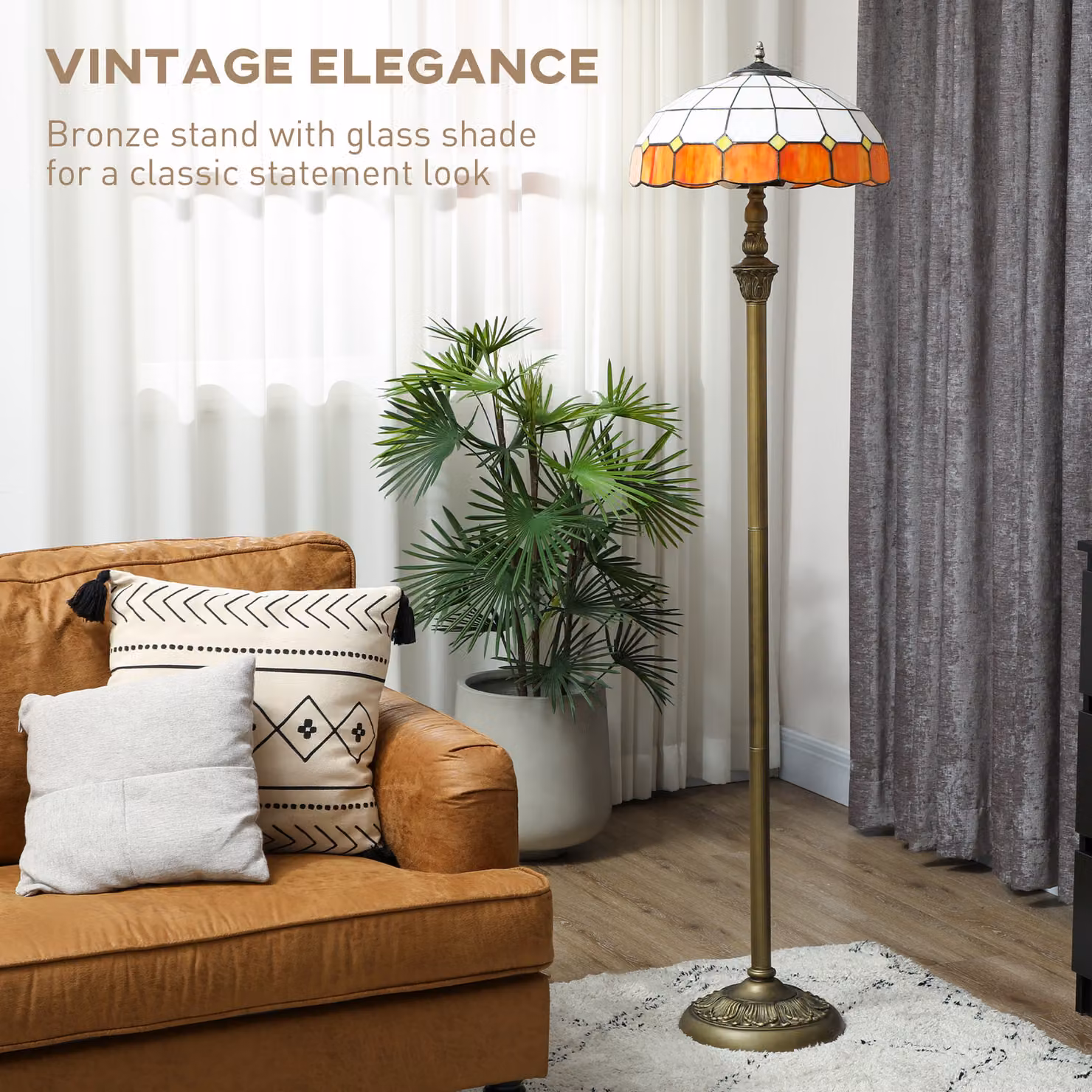 HOMCOM Tiffany-Style Vintage Floor Lamp with Handcrafted Stained Glass Shade, Bronze and Orange, Height: 152 cm – 4