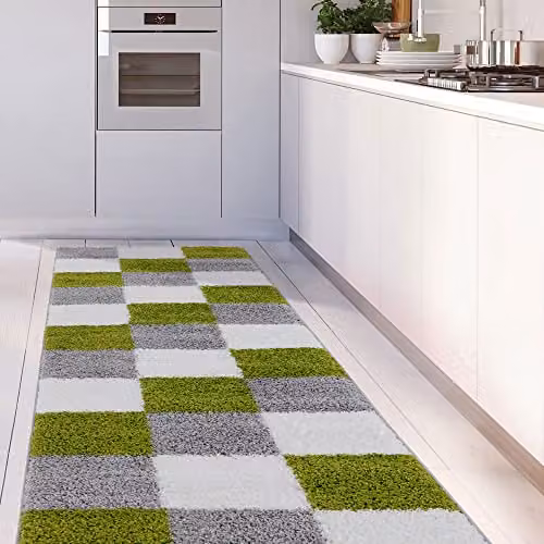 THE RUGS Modern Geometric Shaggy Area Rug in Green and Grey, W/D/H: 80 x 300 cm – 3