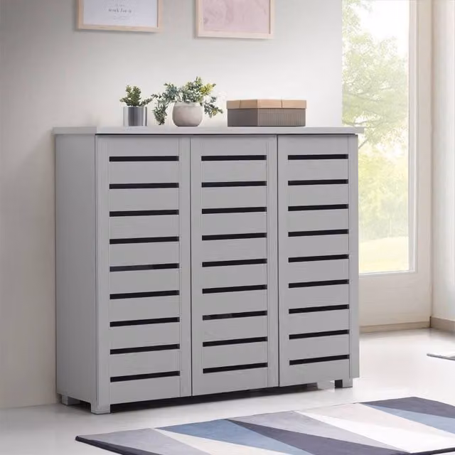 Timber Art Design 5 Tier Shoe Storage Cabinet with 3 Doors in Light Grey, W/D/H: 98.3 x 33.6 x 114 cm
