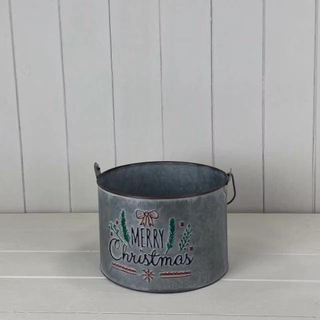 KDMD Merry Christmas Grey Metal Tabletop Bucket with Over Handle
