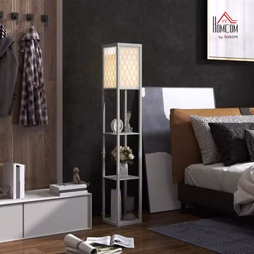 HOMCOM Modern Floor Lamp with 3 Shelves and Fabric Lampshade in Grey – 2