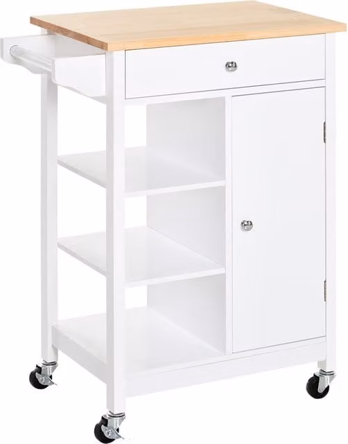 HOMCOM Kitchen Storage Trolley Cart with Wood Top, Shelves and Drawer in White – 1