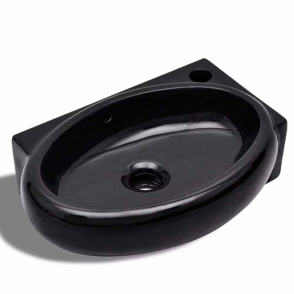 Berkfield Home Elegant Round Ceramic Wall Hung Bathroom Sink Basin in Black with Overflow, W: 41.0 cm, D: 28.0 cm, H: 12.5 cm – 3
