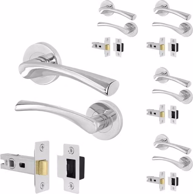 AFIT Polished Chrome Rose Door Handles with Latch, 5 Pairs, Silver – 1