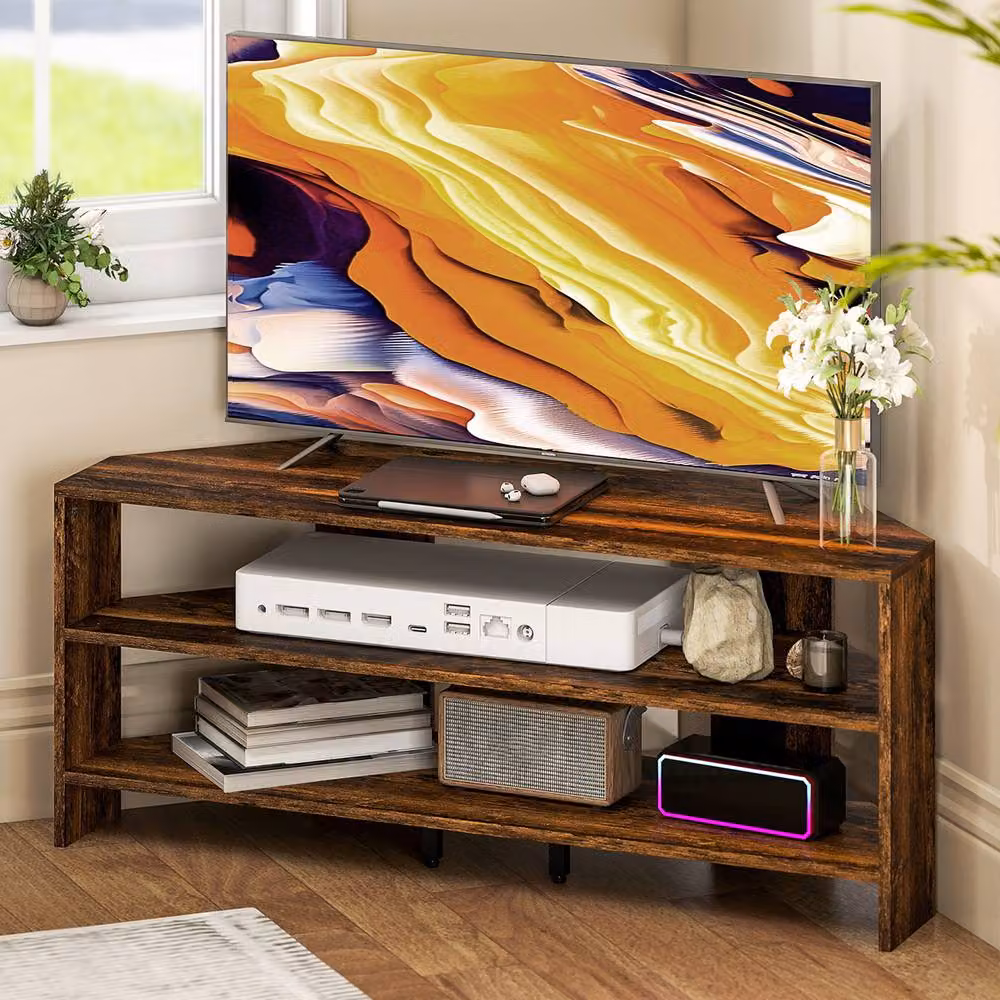 STILVORA Modern Corner TV Stand in Dark Brown with 2 Open Shelves for 47 Inch TVs – 4