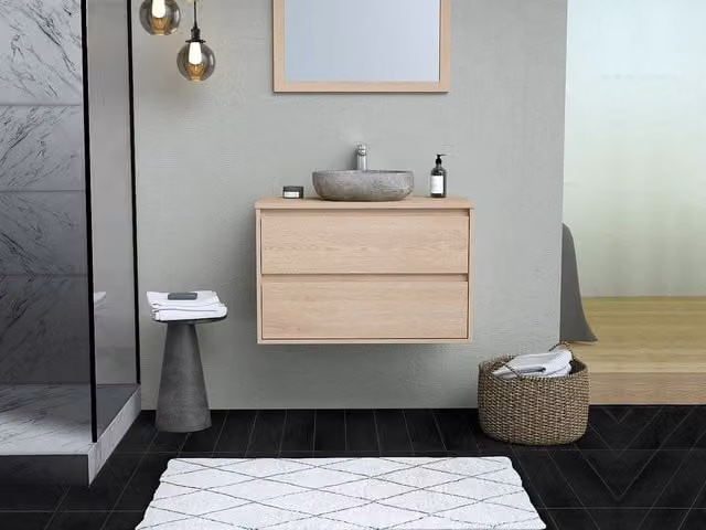 Vente-unique Scandinavian Bathroom Unit with Free-Standing Stone Washbasin in Light Oak, W: 80 cm, D: 45 cm, H: 65 cm – 1
