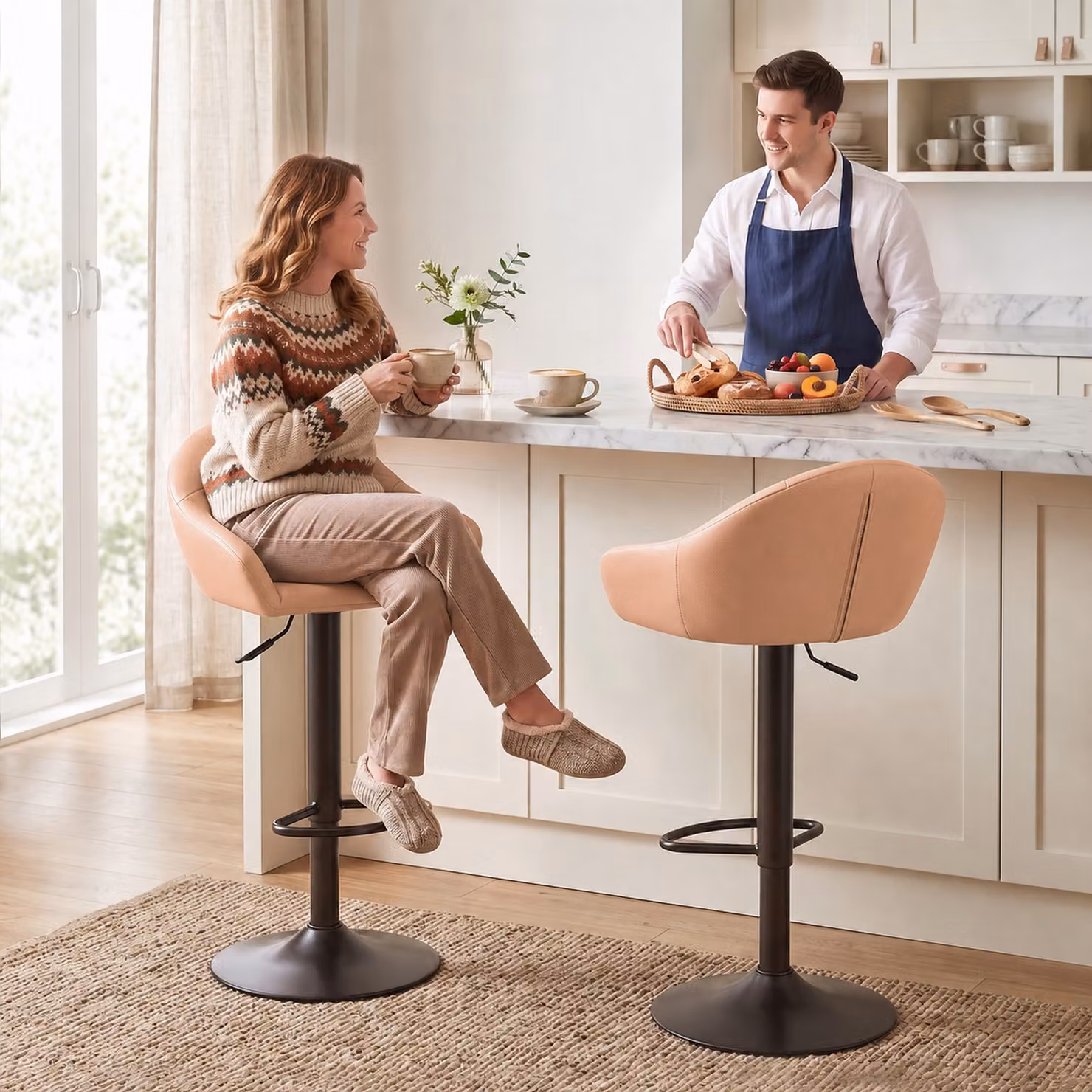 HOMCOM Set of 2 Adjustable Height Bar Stools with Armrests and Backrests in Brown Synthetic Leather – 2