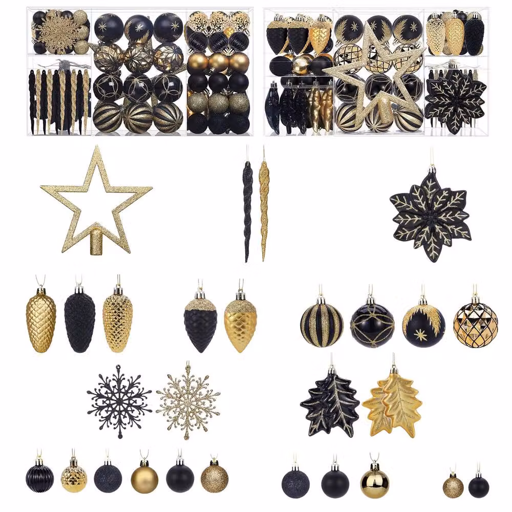 Neo 110-Piece Black Christmas Tree Bauble Ornament Set with Abstract Flower and Star Designs – 4