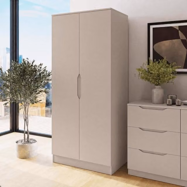 FWStyle Luno 2 Door Wardrobe in Beige with Internal Shelves and Hanging Rail – 1