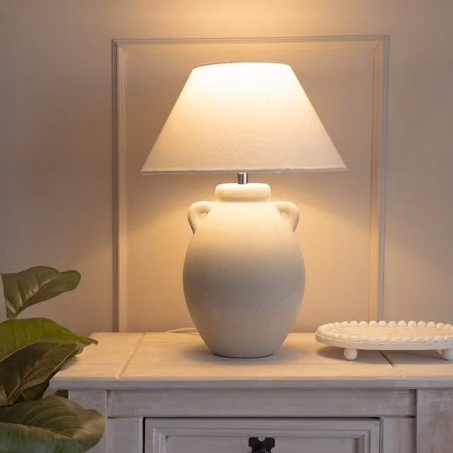 ValueLights Daphne Grey Ceramic Table Lamp with Linen Tapered Lampshade and LED Bulb
