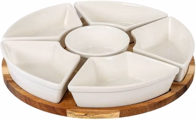 KDMD Acacia Wood Lazy Susan with Brown Ceramic Serving Bowls