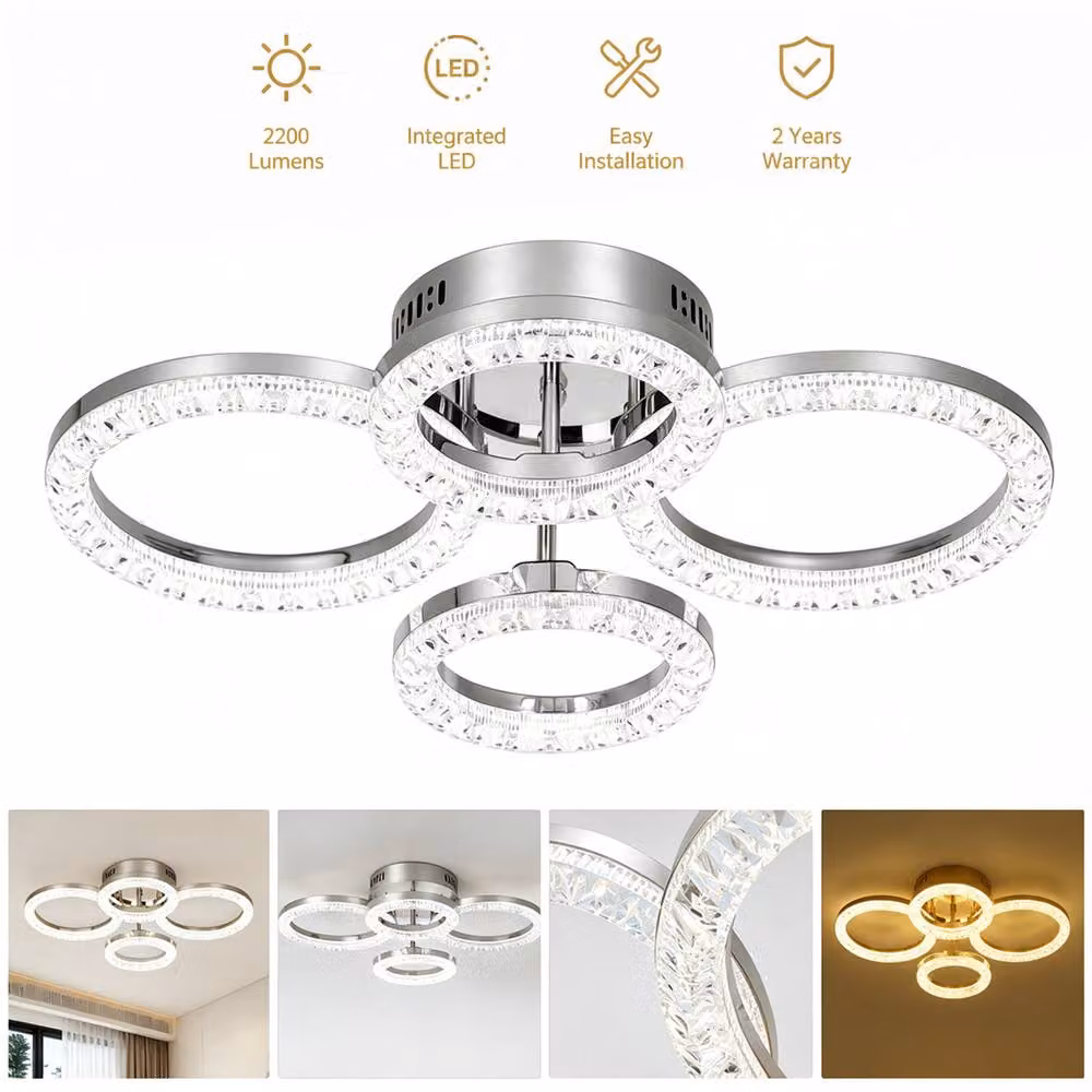 INMTFEI 4 Ring Chrome Crystal LED Ceiling Light, Dimmable Flush Mount Fixture in Silver – 4