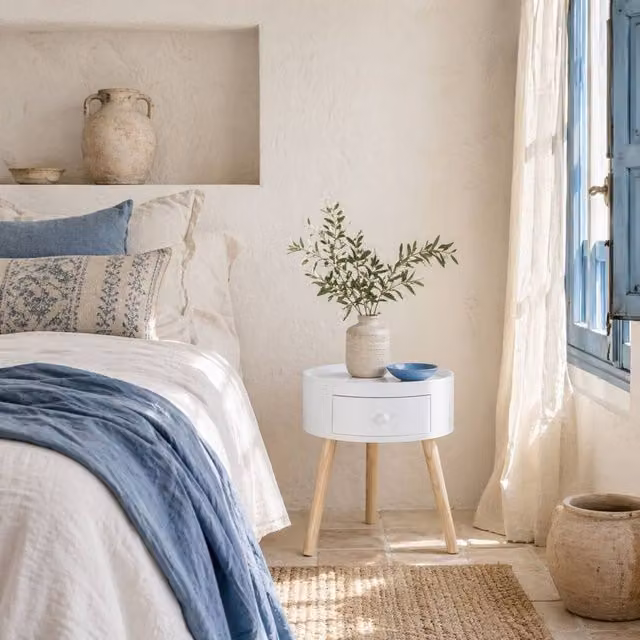 Wyld Haus Taloso Round White Bedside Table with Drawer and Natural Wooden Legs, H 45 cm x W 38 cm x D 38 cm – 1