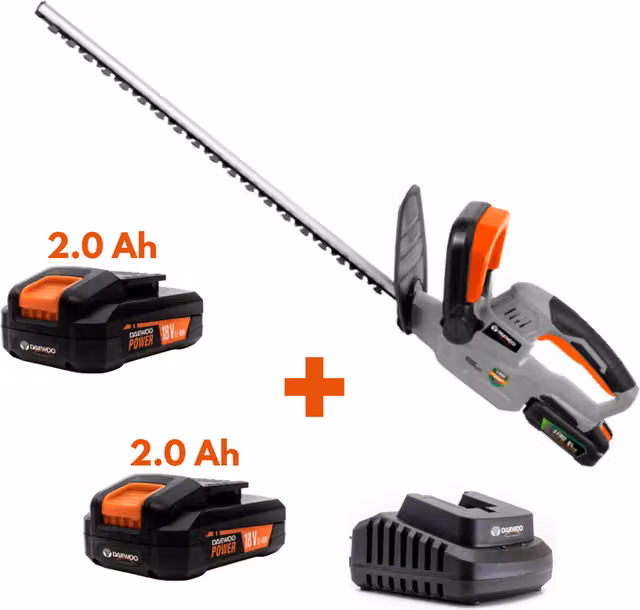 Daewoo U-FORCE Series Cordless Reciprocating Hedge Trimmer with 2 x 2.0Ah Rechargeable Batteries and Charger, Black, Silver and Orange