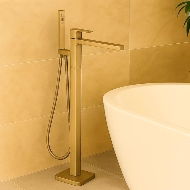 Bathroom Kingdom Quadrado Brushed Brass Square Freestanding Bath Tap with Shower Mixer in Gold