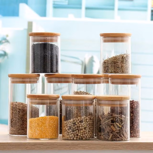 Living and Home 10-Piece Glass Storage Jar Set with Bamboo Lids and Measuring Spoons in Beige