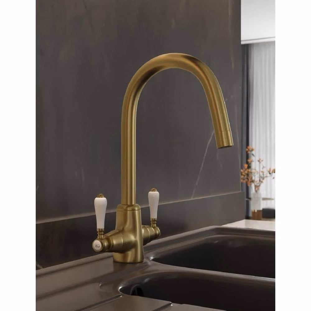 FLAVORA Tre Mercat Venice Antique Brass Kitchen Sink Mixer Tap, Dual Lever, Gold – 2