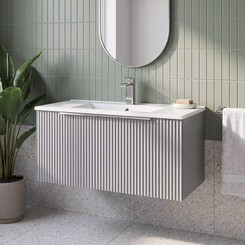 Balterley Tixall 1 Drawer Vanity Unit with Minimalist Basin, Satin Grey, Width: 80 cm – 2