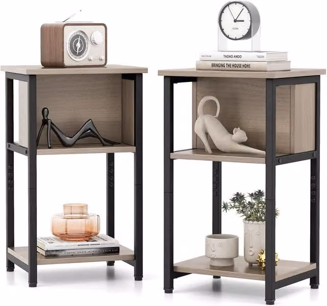 Costway Set of 2 Grey Modern Nightstands and Sofa Side Tables with 2 Open Storage Shelves