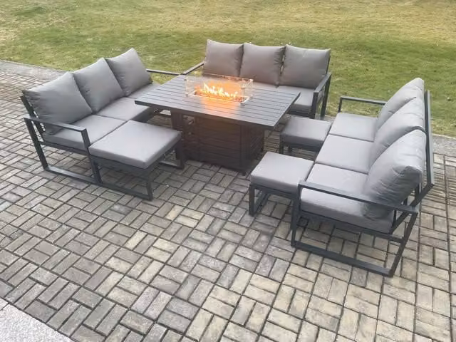 Fimous Aluminium Garden Furniture Set with Gas Fire Pit Dining Table and 3 Footstools in Dark Grey