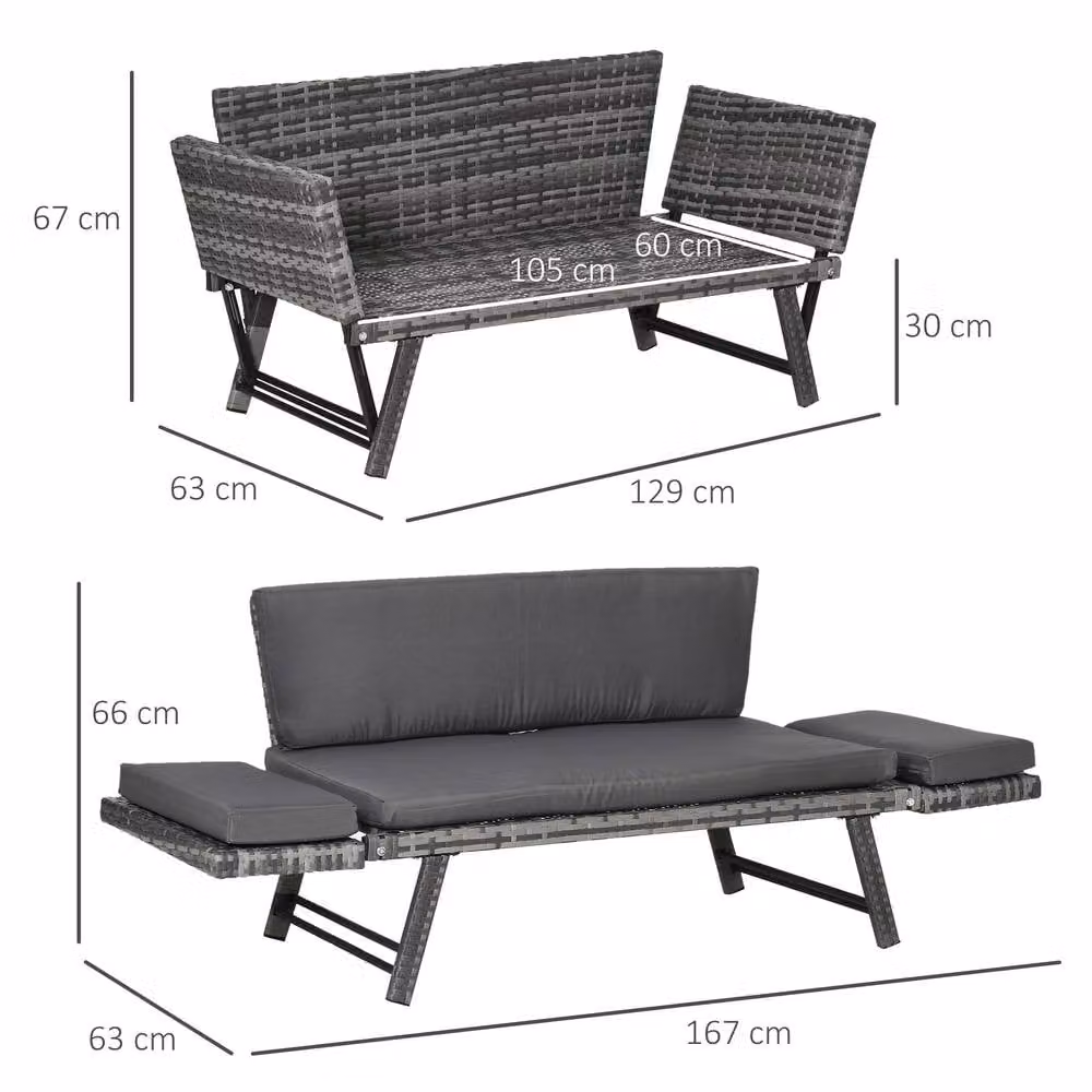ERGOVEXA Grey Rattan Garden Bench with Armrests, W: 220 cm, D: 67 cm, H: 60 cm – 2