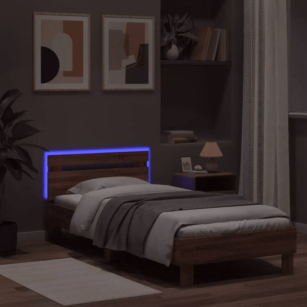Berkfield Home Modern Small Single Bed Frame in Brown Oak with LED Under-Bed Lighting and USB Charging Port, W: 75 cm, L: 190 cm – 3