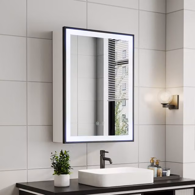 Livingandhome Fog-Free LED Mirror Cabinet with Shaver Socket and Sensor Switch, White and Black