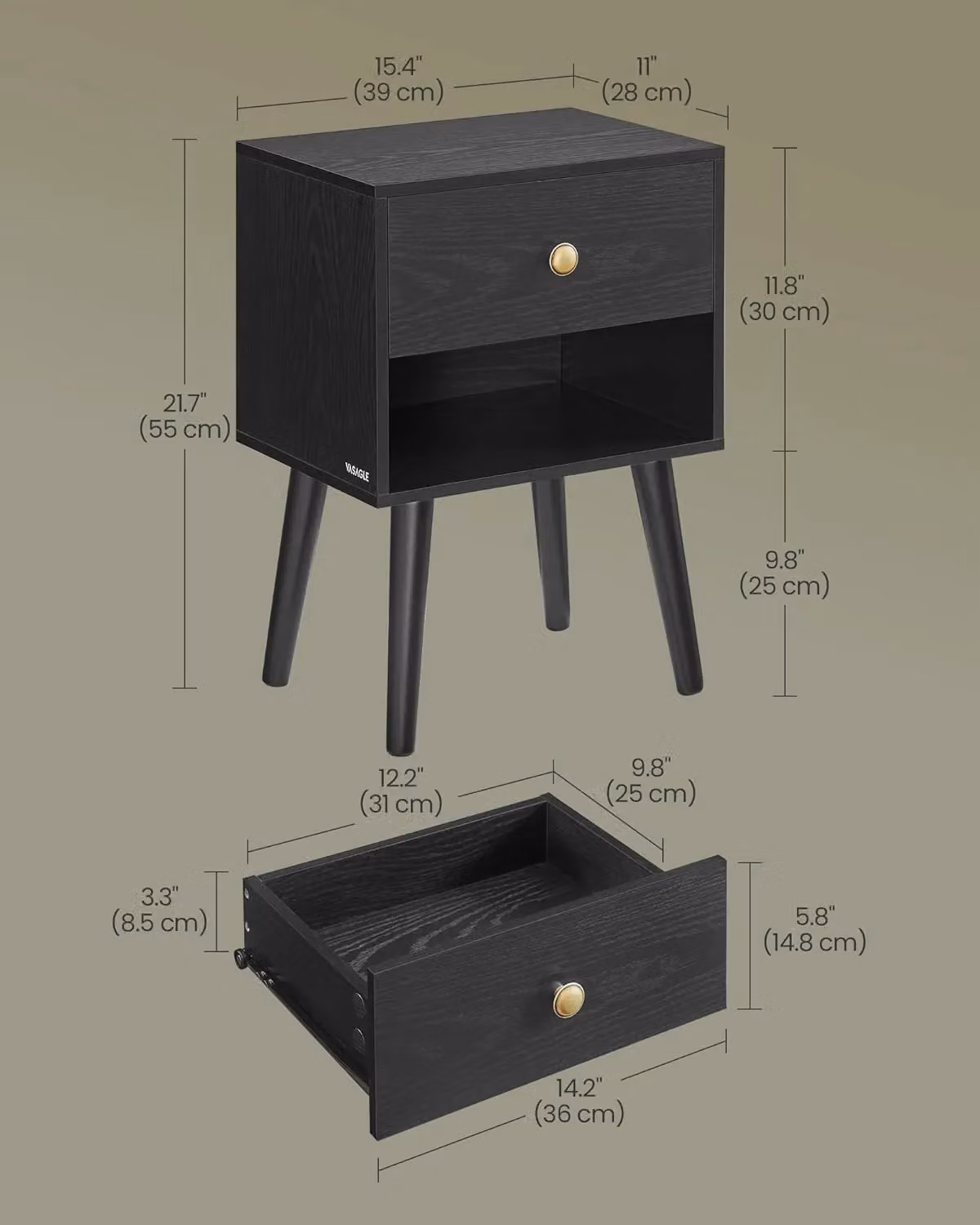 VASAGLE Bedside Table with Storage Drawer and Open Shelf in Black – 2