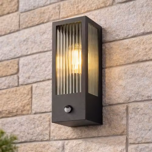 CGC Lighting Stella Bevelled Glass Black Outdoor Wall Light with PIR Motion Sensor and E27 Socket – 1