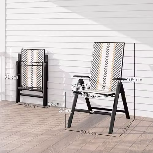 Outsunny Set of 2 Folding Rattan Garden Chairs in Black with 5-Position Reclining High Back and Armrests – 3