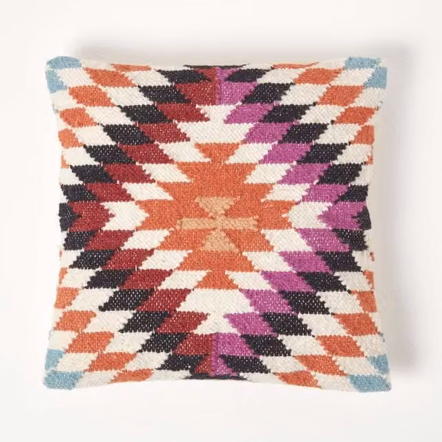Homescapes Handwoven Ethnic Kilim Cushion with Feather Filling in Orange and Multicolour