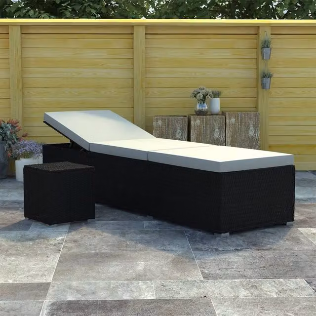 Berkfield Home Sun Lounger with Cushion and Tea Table in Black Poly Rattan