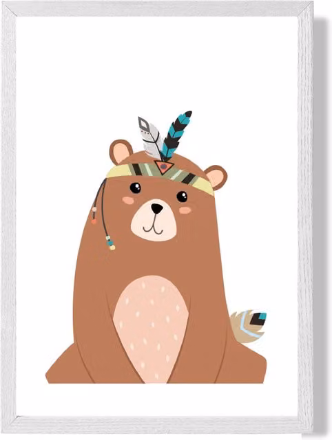 ARTZE Sitting Bear Tribal Animal Framed Print, A2, White Frame, Brown