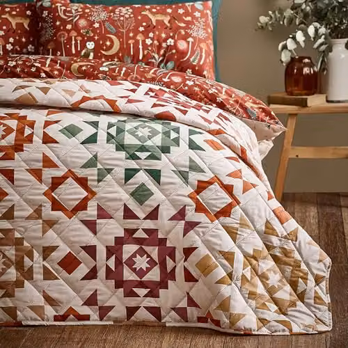 Catherine Lansfield Autumn Patchwork Geo Quilted Bedspread in Natural Beige and Sand, W: 220 cm, D: 230 cm – 1
